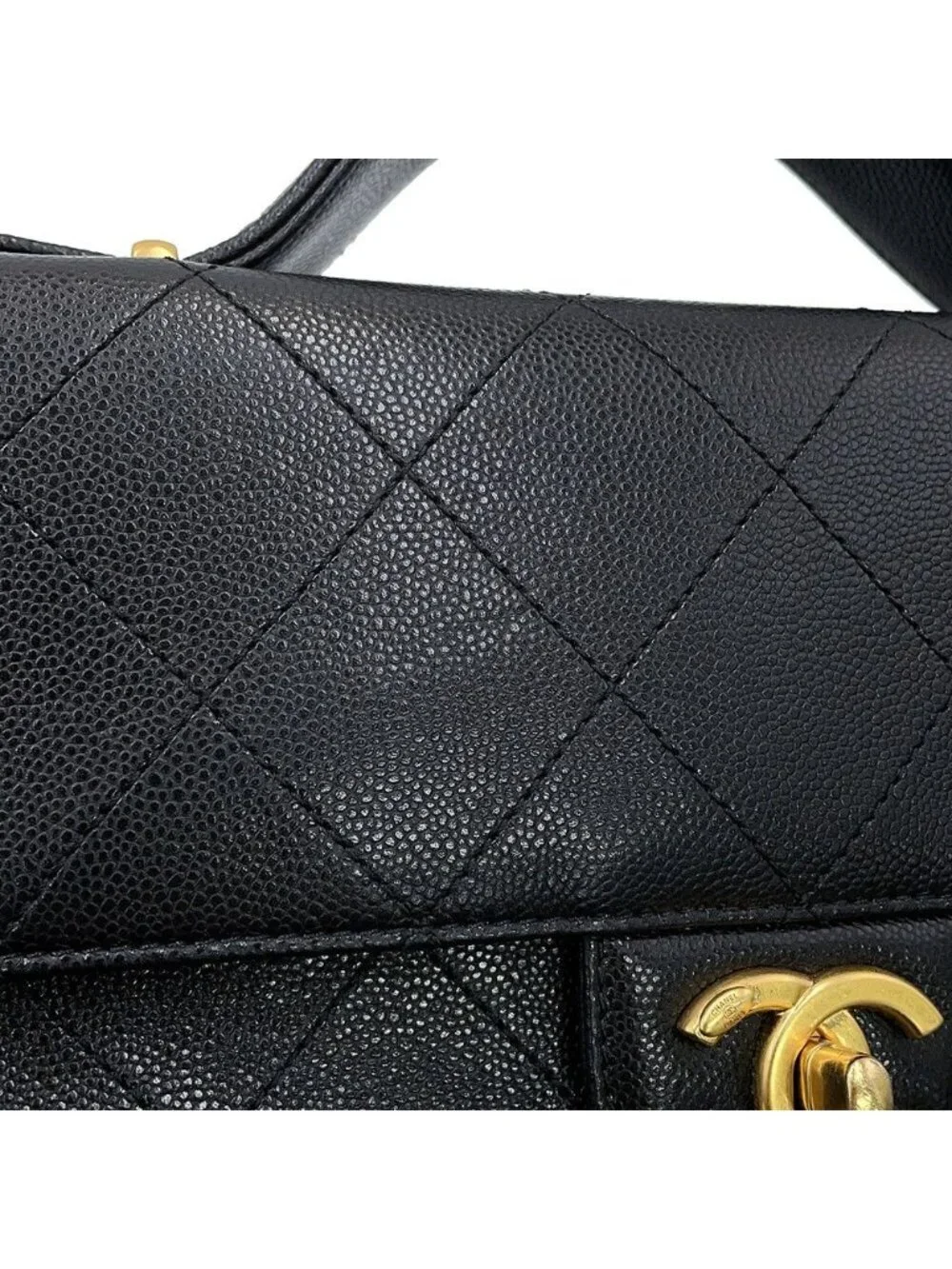 Chanel Shoulder Bag Quilted CC Logo Caviar Leather Black 2-Way